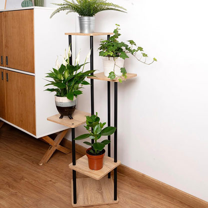 Soporte de Acero Negro y Madera para Cinco Macetas