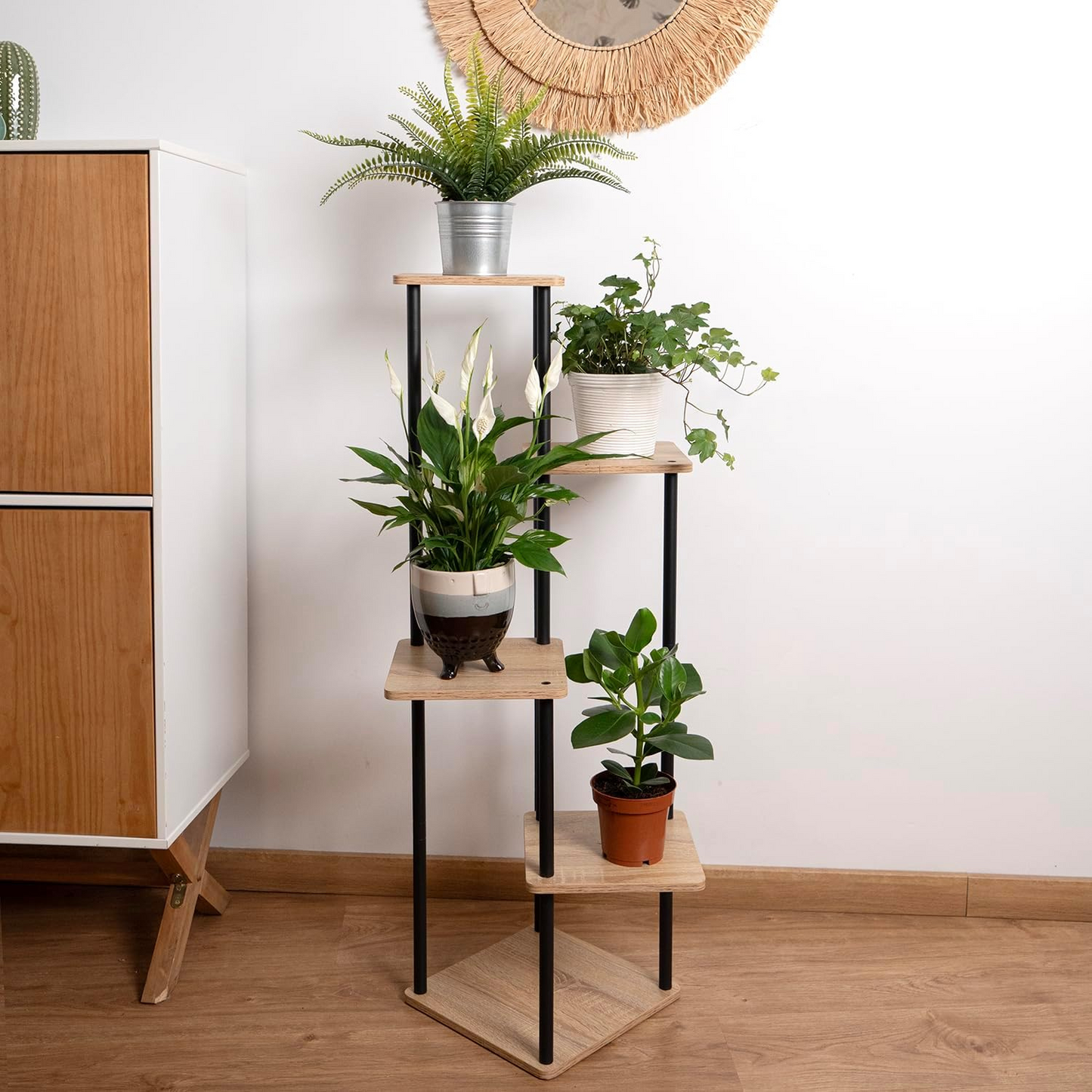 Soporte de Acero Negro y Madera para Cinco Macetas