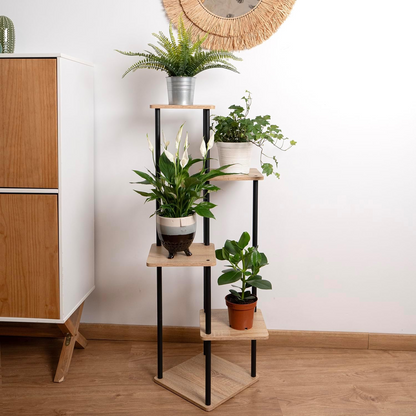 Soporte de Acero Negro y Madera para Cinco Macetas
