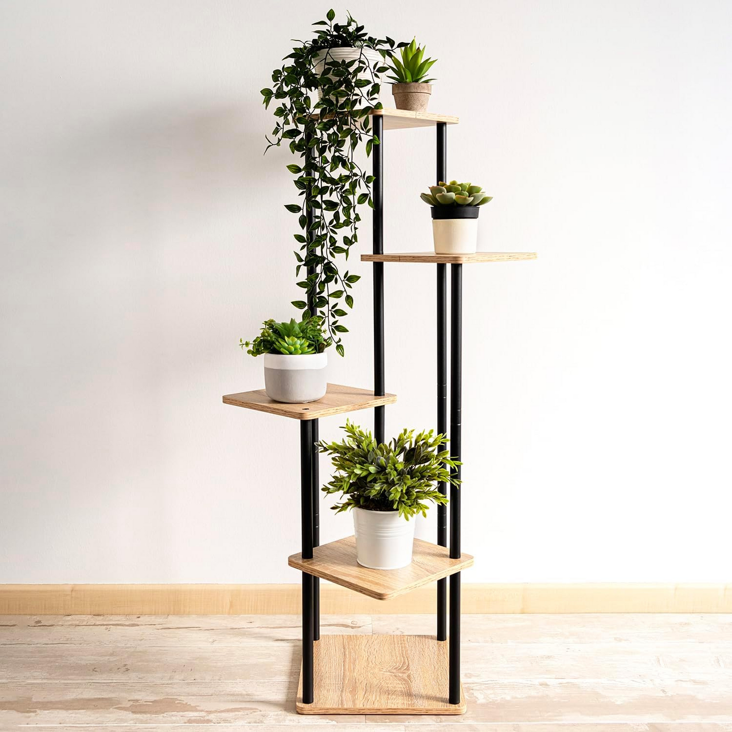 Soporte de Acero Negro y Madera para Cinco Macetas