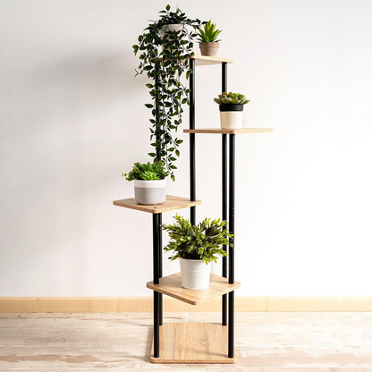 Soporte de Acero Negro y Madera para Cinco Macetas