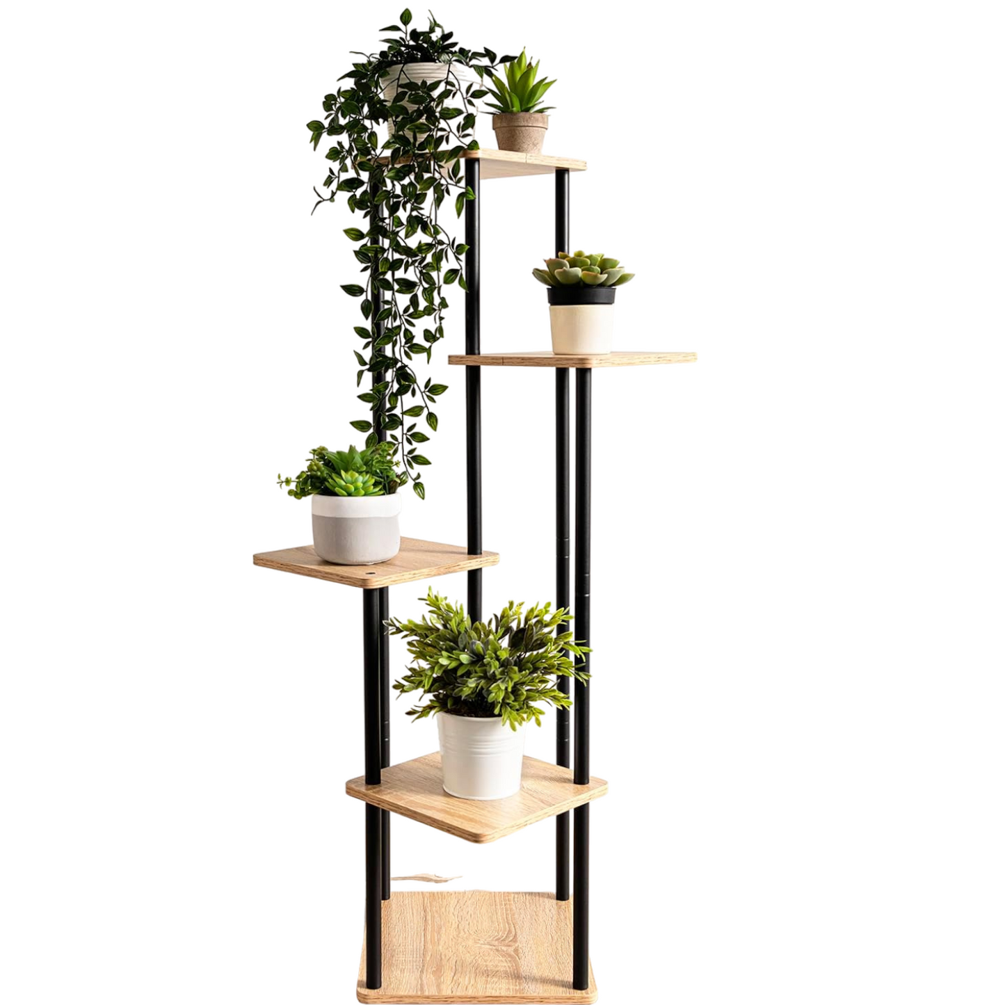Soporte de Acero Negro y Madera para Cinco Macetas