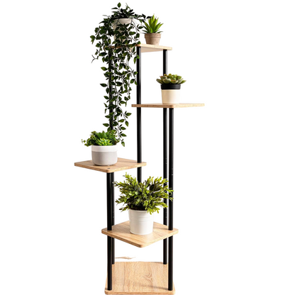 Soporte de Acero Negro y Madera para Cinco Macetas
